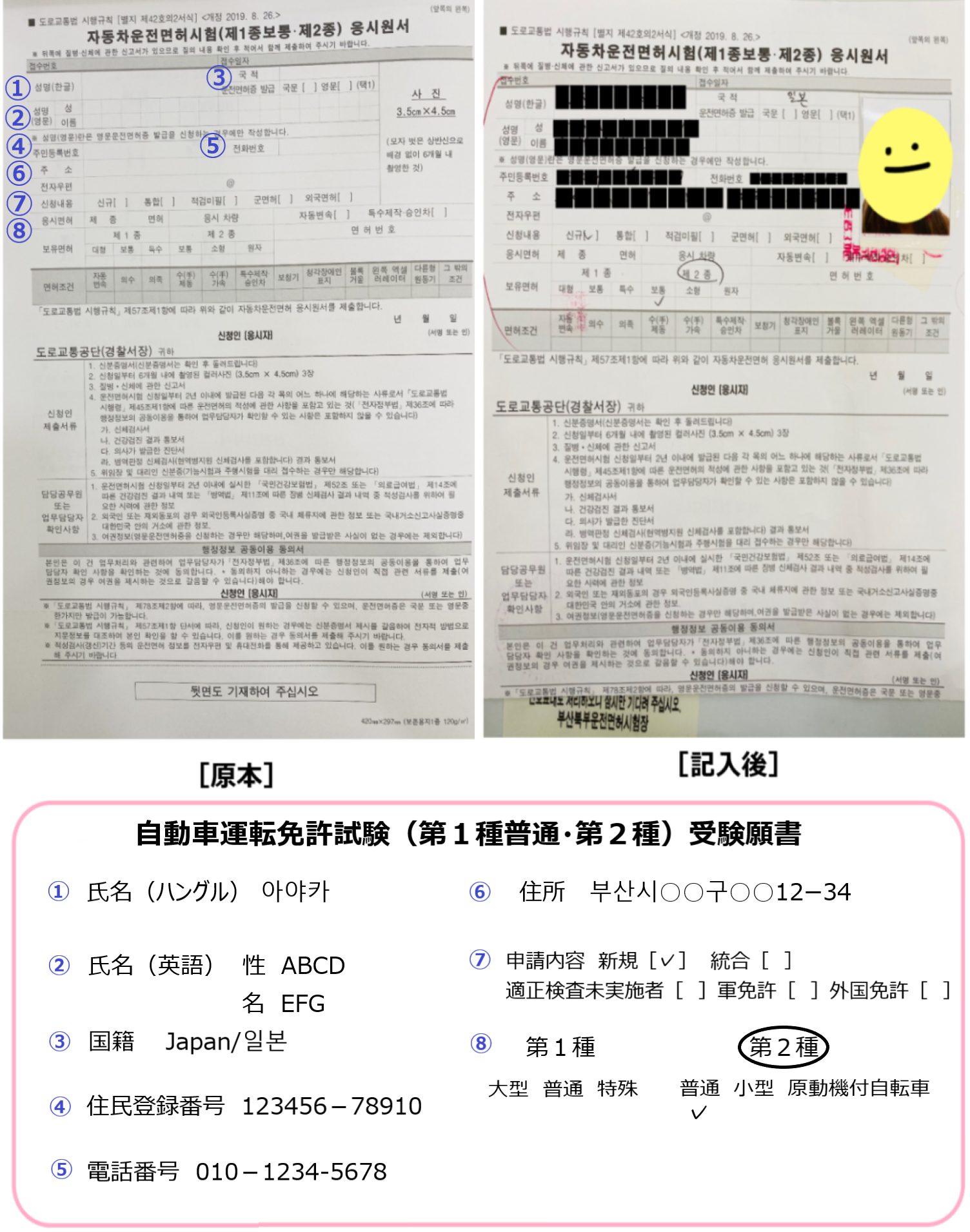 韓国運転免許受験願書の書き方