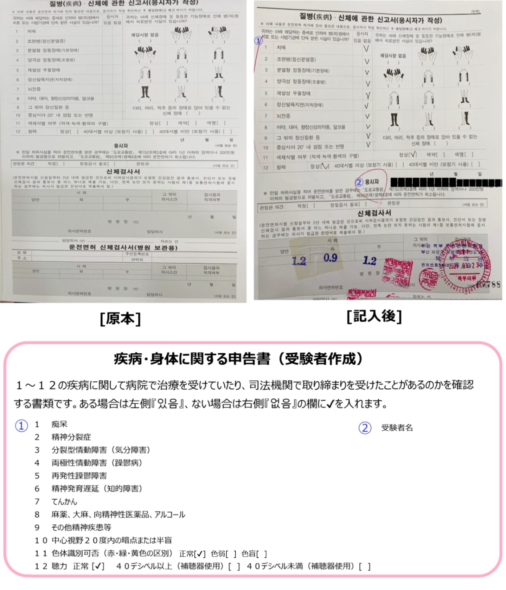 韓国運転免許（疾病身体に関する申告書）書き方